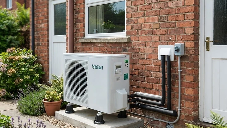 Modern air source heat pump installed beside a UK brick house