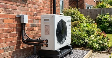 Air source heat pump beside a brick UK home