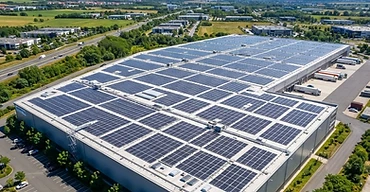 Aerial view of rooftop solar on a distribution warehouse
