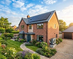 Modern UK home with solar panels and heat pump