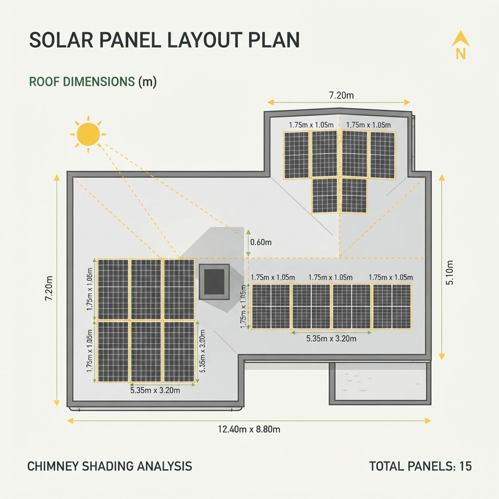 Roof plan showing solar panel layout in rows with dimensions and shading from a chimney