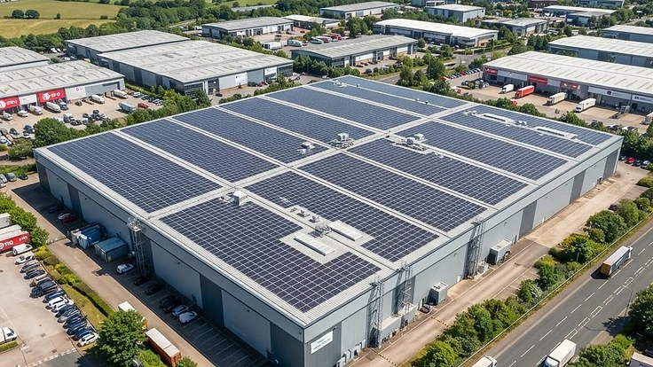 Aerial view of a UK commercial warehouse roof covered in solar panels