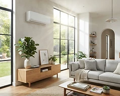 Modern air conditioning unit in a bright living room