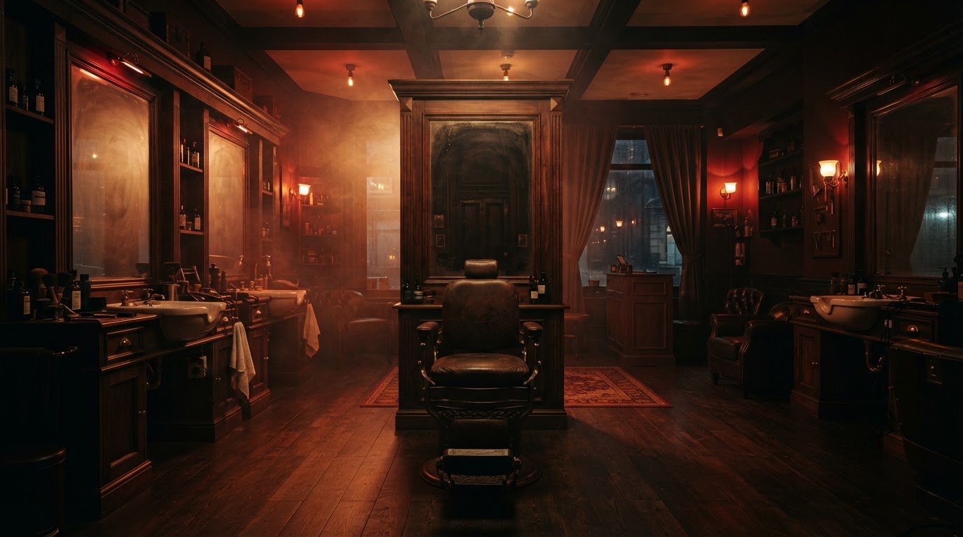 Wnętrze ekskluzywnej pracowni barberskiej w czerwonym świetle
