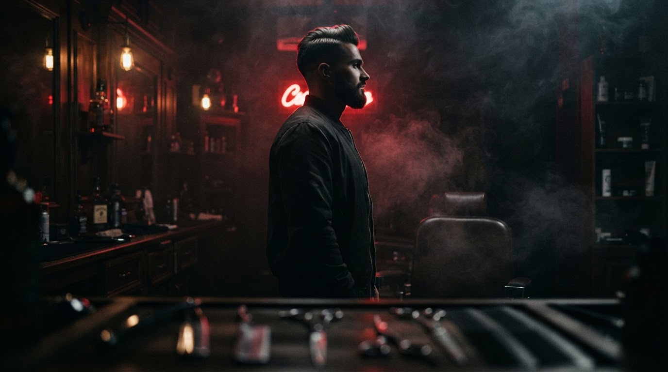 Barber w ciemnym, eleganckim wnętrzu salonu oświetlonym czerwonym światłem
