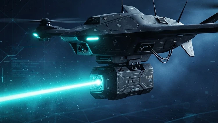 Drone-mounted high-power microwave directed-energy weapon pod emitting an electromagnetic beam
