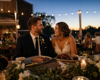Newlyweds laughing over brisket at a wooden table