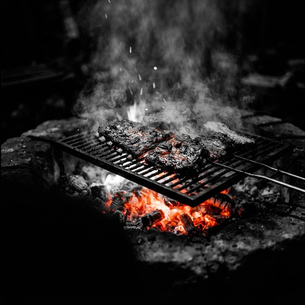 Smoke rising from meat grilling over hot coals