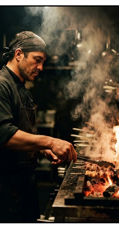 Chef working over open fire in a dark kitchen