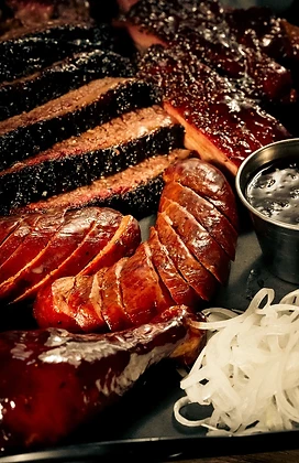 Close-up of a loaded barbecue platter