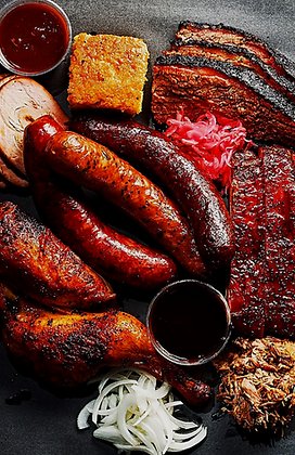 Overhead flat-lay of a barbecue spread