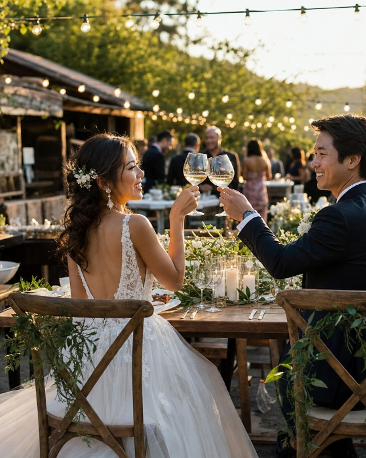 Bride and groom toasting at a long rustic table