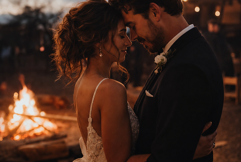 Bride and groom embracing beside a live fire at dusk