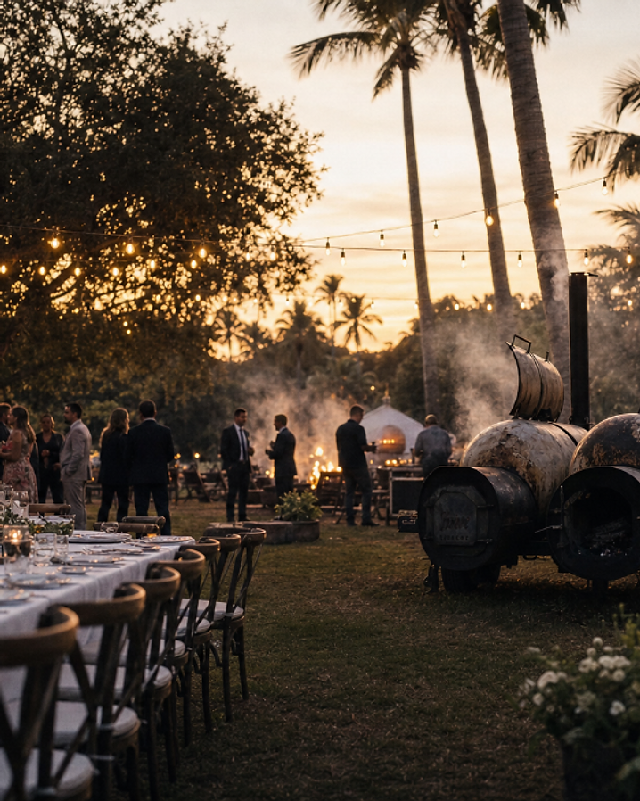 Sunset live-fire event with a smoker and banquet table