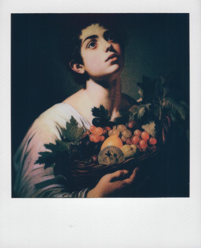 Boy with a Basket of Fruit and Bitcoin