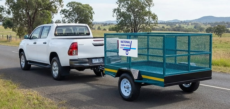 White Toyota double cab towing a National Trailer Rental caged trailer on a country road