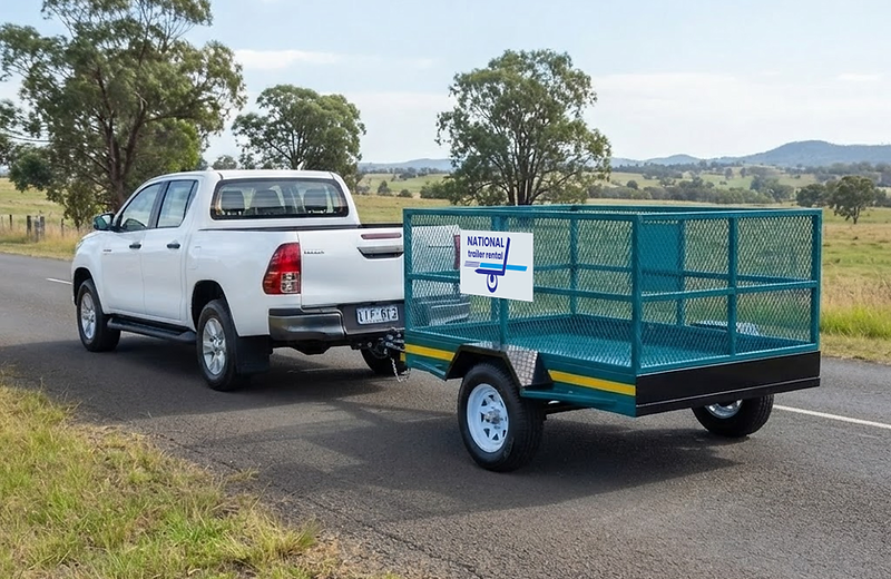 White Toyota double cab towing a National Trailer Rental caged trailer on a country road