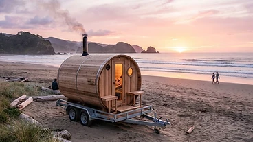 Beach Event: Private hire on the sand, sunset session. — mobile barrel sauna hire, Christchurch, Canterbury, New Zealand
