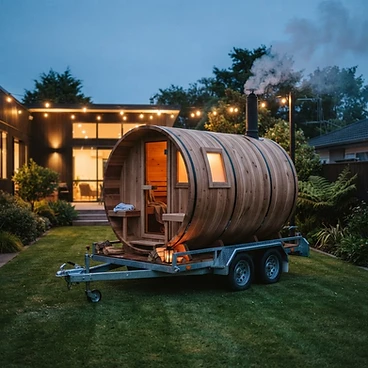 Suburban Backyard: Set up and ready to go on a Christchurch lawn at dusk. — mobile barrel sauna hire, Christchurch, Canterbury, New Zealand