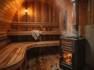 Inside the Vessel: Cedar benches, hot stones, and a warm amber glow. — mobile barrel sauna hire, Christchurch, Canterbury, New Zealand