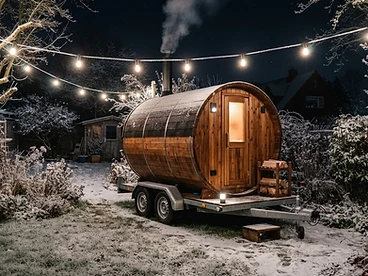 Winter Garden Party: Frosty grass, warm fire, and the sauna glowing. — mobile barrel sauna hire, Christchurch, Canterbury, New Zealand