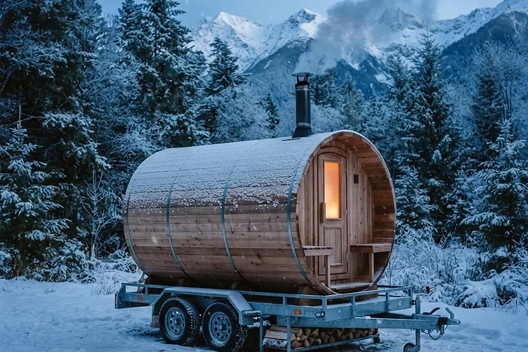 Barrel sauna nestled in a snowy Southern Alps pine forest at dawn, steam rising from the door