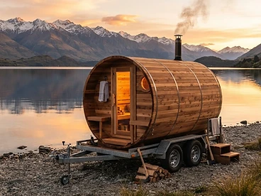 Lakeside Retreat: Steaming beside an alpine lake at golden hour. — mobile barrel sauna hire, Christchurch, Canterbury, New Zealand