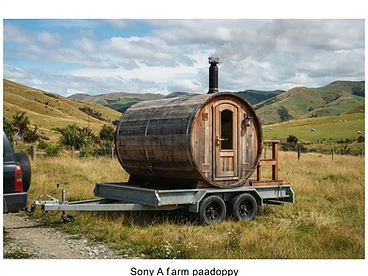 Rural Paddock: Towed out to the hills for a countryside hire. — mobile barrel sauna hire, Christchurch, Canterbury, New Zealand