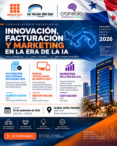 Flyer del conversatorio empresarial Innovación, facturación y marketing en la era de la IA, 26 de septiembre de 2026 en Global Hotel Panamá