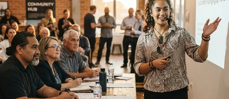 A young woman presenting her business idea to a panel of community partners