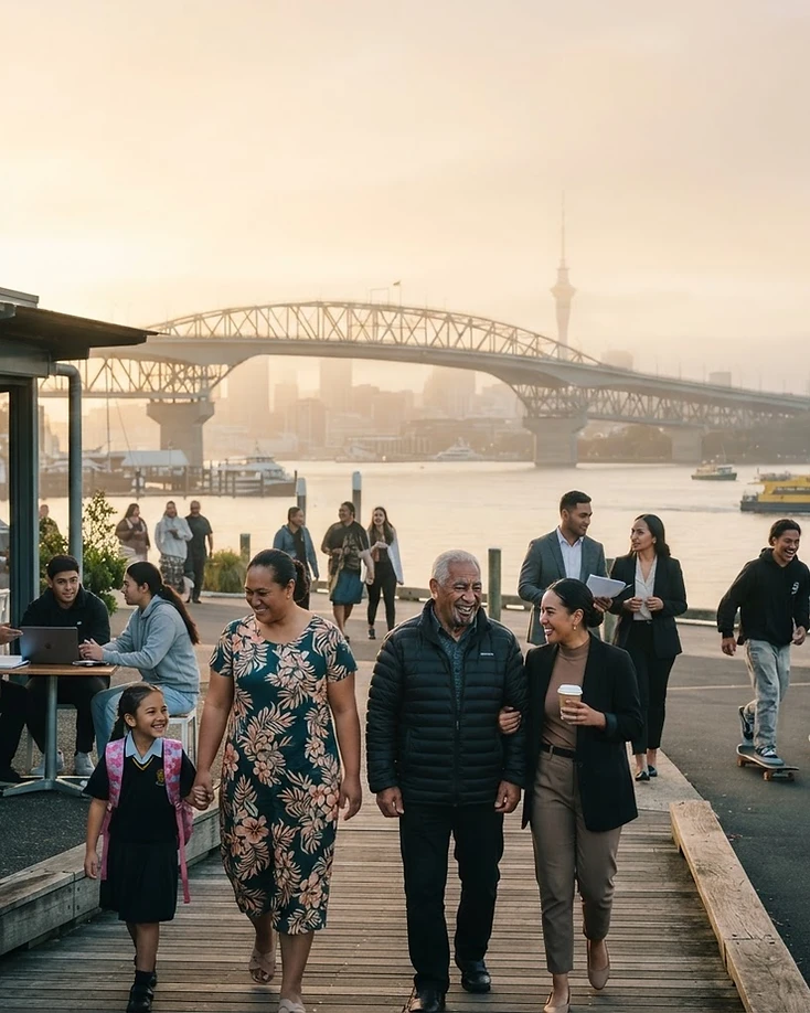 Pasifika community members walking together at golden hour, moving forward side by side