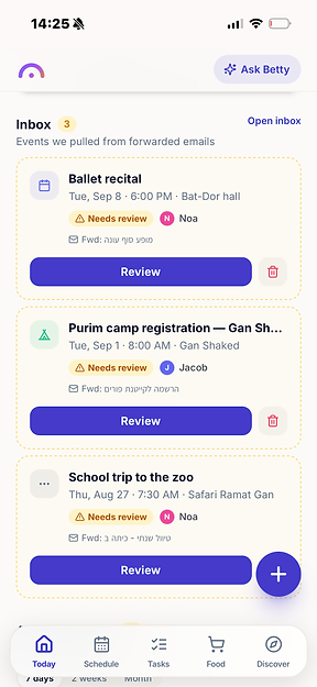 Looz inbox showing forwarded email as draft events