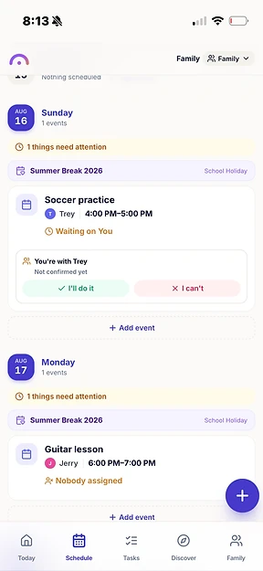 Looz agenda showing who has each ride