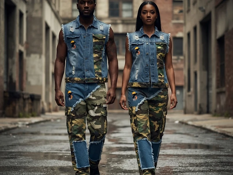 Male and female models wearing Evolution Of Righteous World Supreme Reality Camo & Denim sets entering the city together.