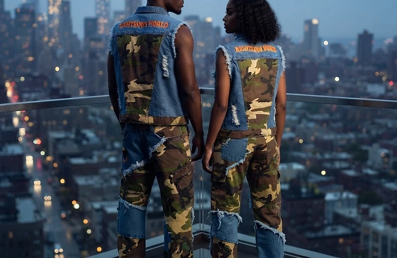 Closing campaign image of male and female models in Supreme Reality camo and denim, representing legacy and purpose.