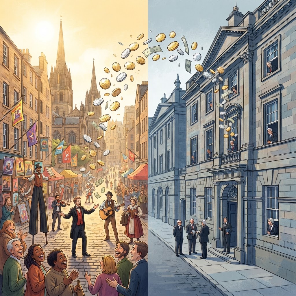 Editorial illustration showing Edinburgh Fringe street scene on one side and City Chambers on the other, with coins flowing between them