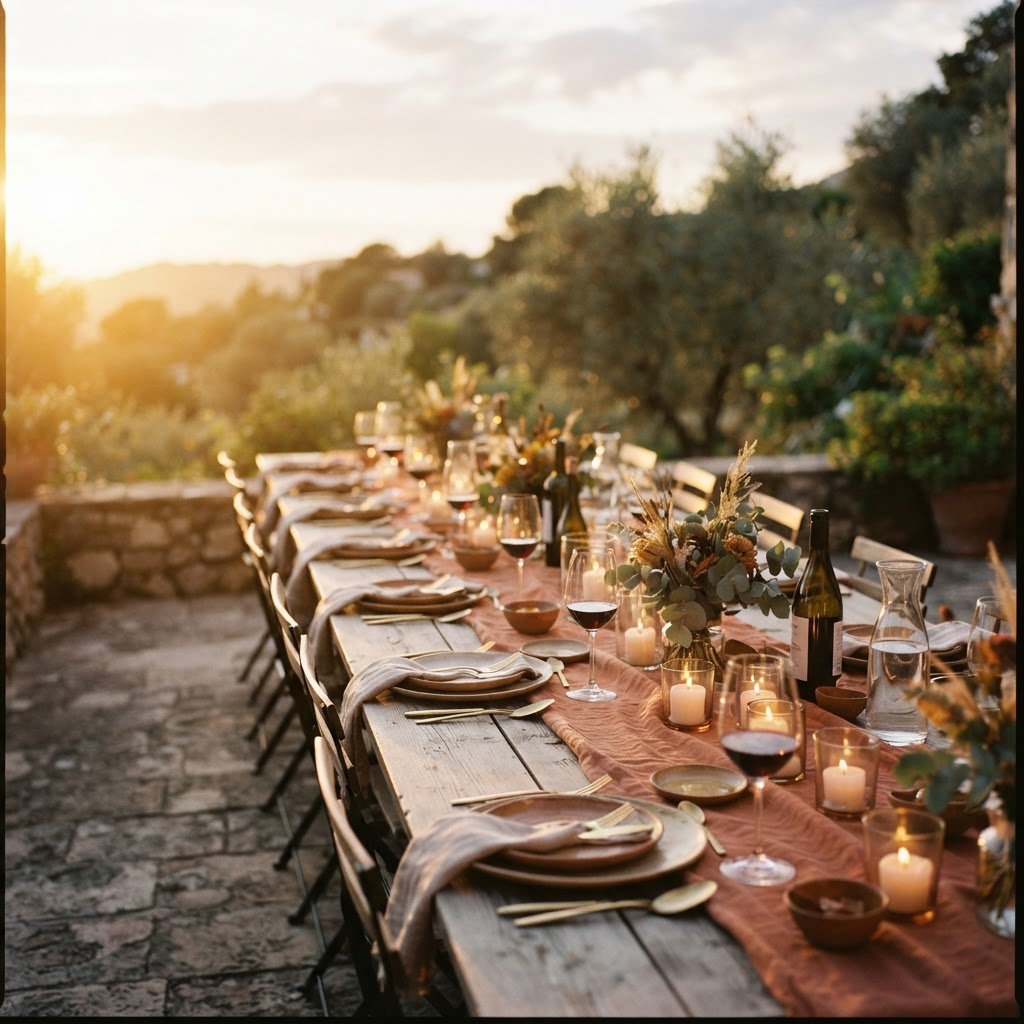 Editorial shot of a styled table at golden hour on a stone terrace with warm candlelight