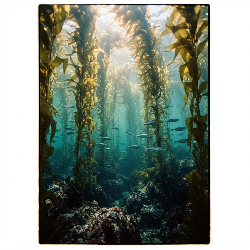 Underwater shot of a kelp forest with golden fronds and sunlight filtering through