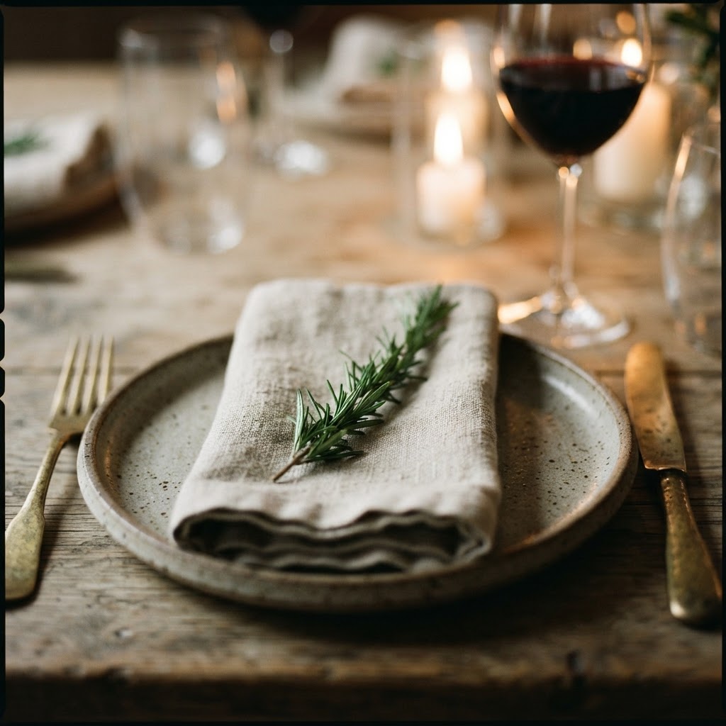 Close-up editorial shot of a place setting with linen napkin, rosemary sprig, and brass cutlery on stoneware