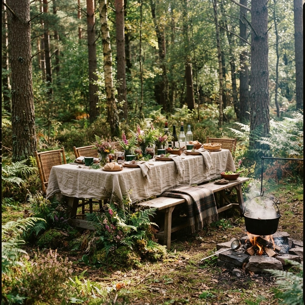 Editorial shot of a rustic woodland dining table in a Scottish forest with dappled sunlight