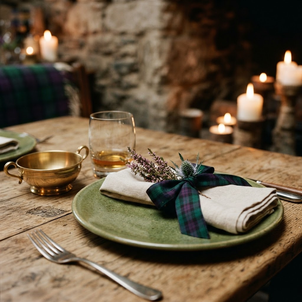 Close-up of a Scottish-themed place setting with tartan ribbon, heather, thistle, and quaich