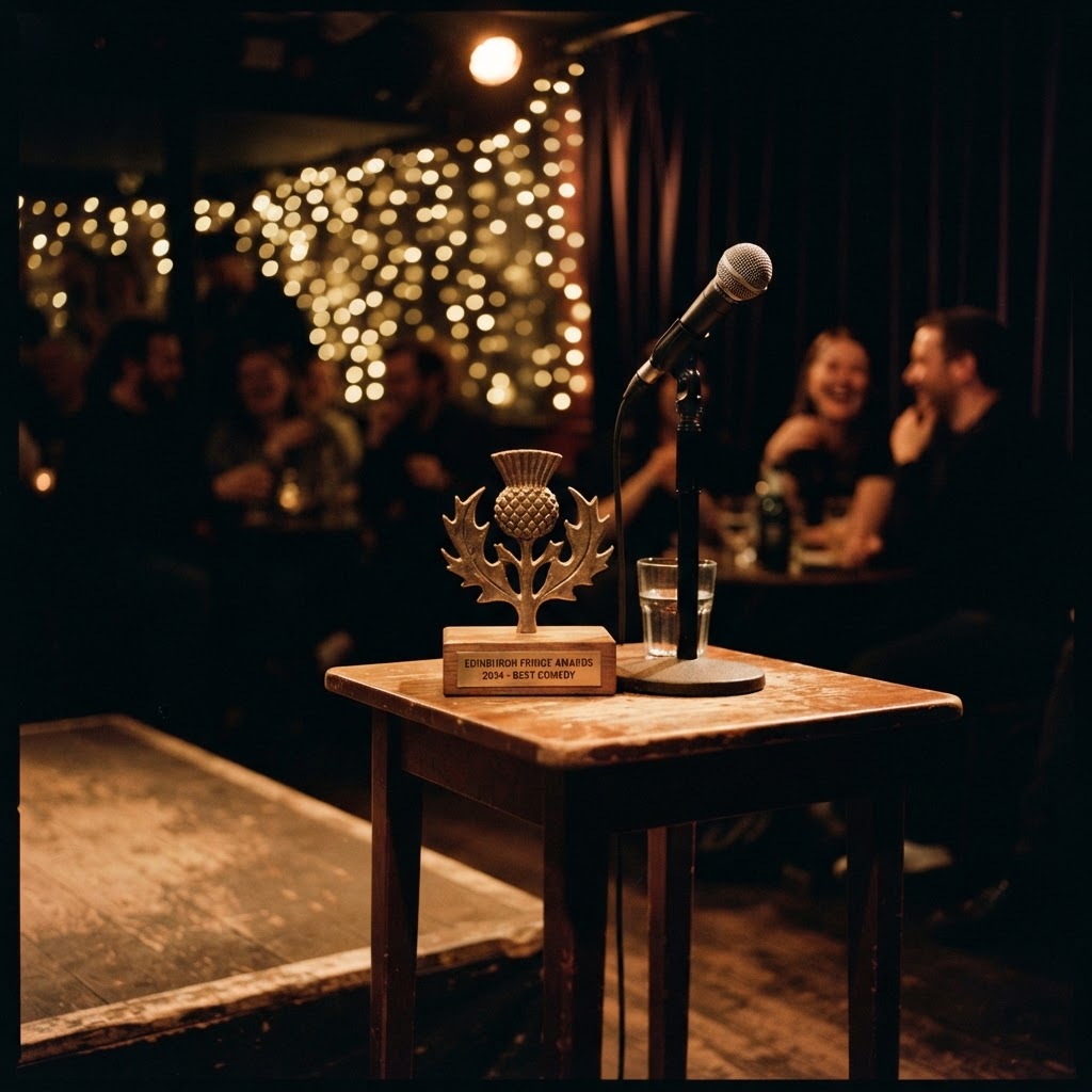 Editorial shot of a Fringe award ceremony moment with stage lighting and trophy