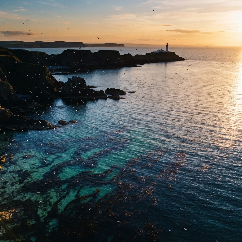 Aerial view of the Firth of Forth coastline with kelp forests visible underwater