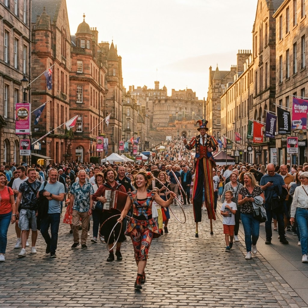 Editorial shot of the Royal Mile during Edinburgh Festival Fringe with street performers and crowds