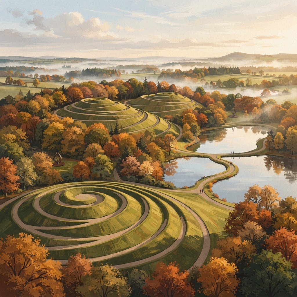 Editorial illustration of terraced earthwork sculpture mounds in autumn woodland with lakes and mist