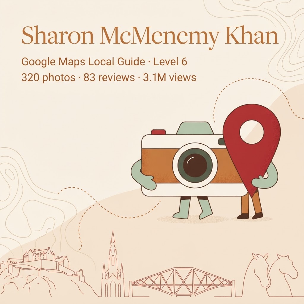Branded editorial illustration for Sharon McMenemy Khan, Google Maps Level 6 Local Guide, camera and map pin with Edinburgh landmarks