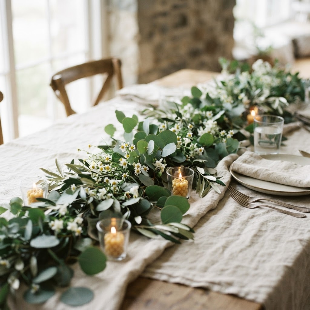 Editorial close-up of foraged greenery centrepiece on a dining table