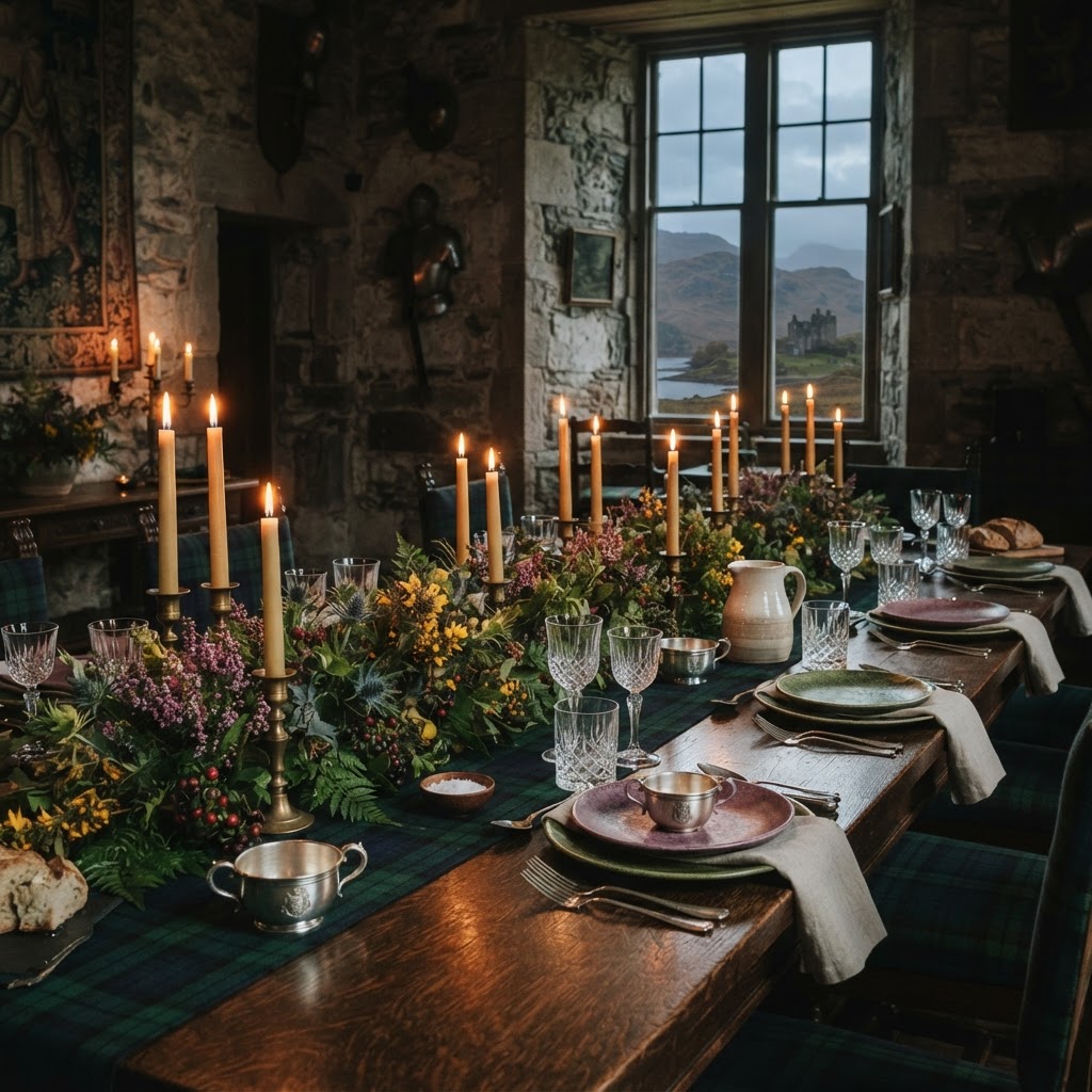 Editorial shot of a Scottish castle dining table with tartan, heather, thistle, and brass candlesticks