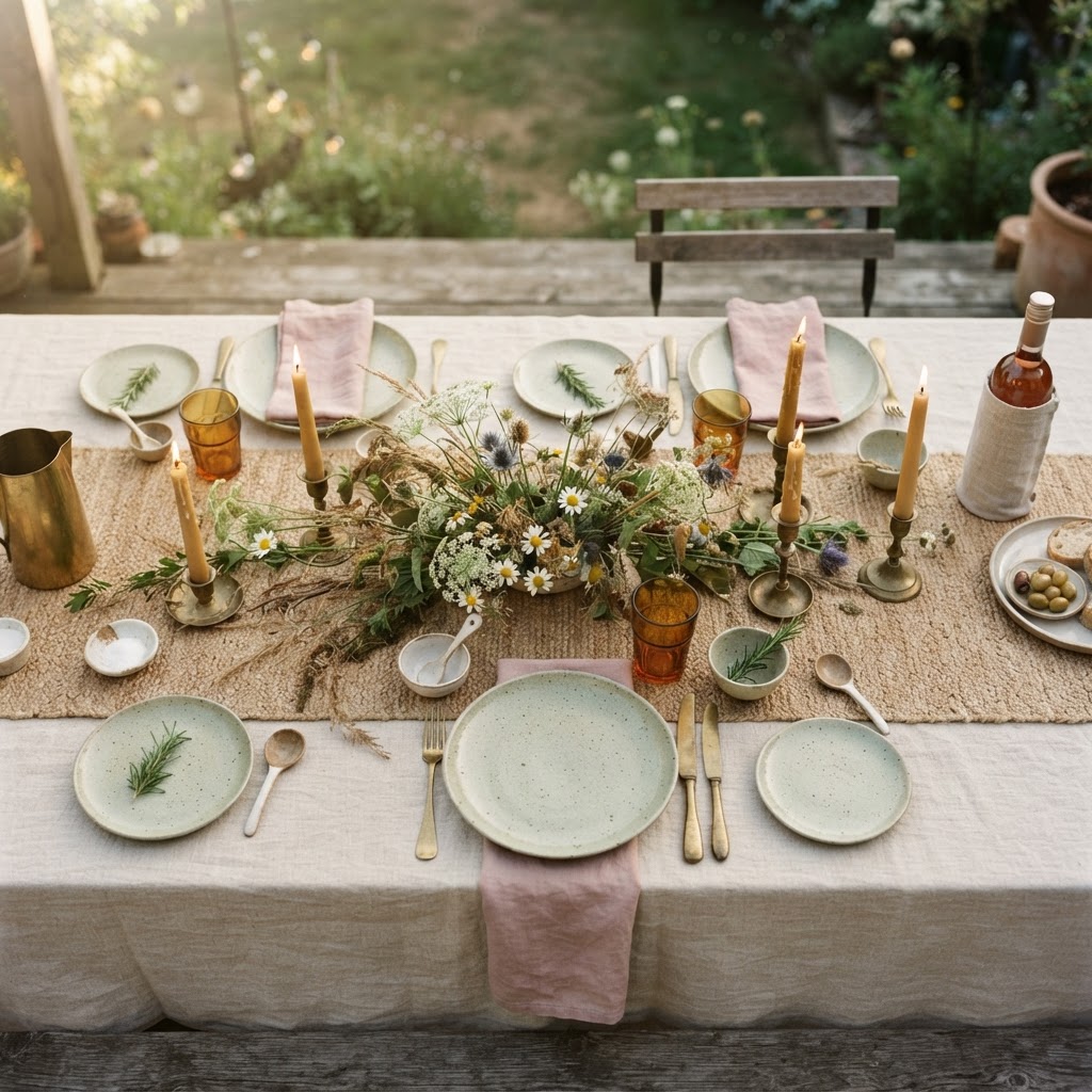 Editorial overhead shot of a beautifully styled dinner table with layered textures and warm tones