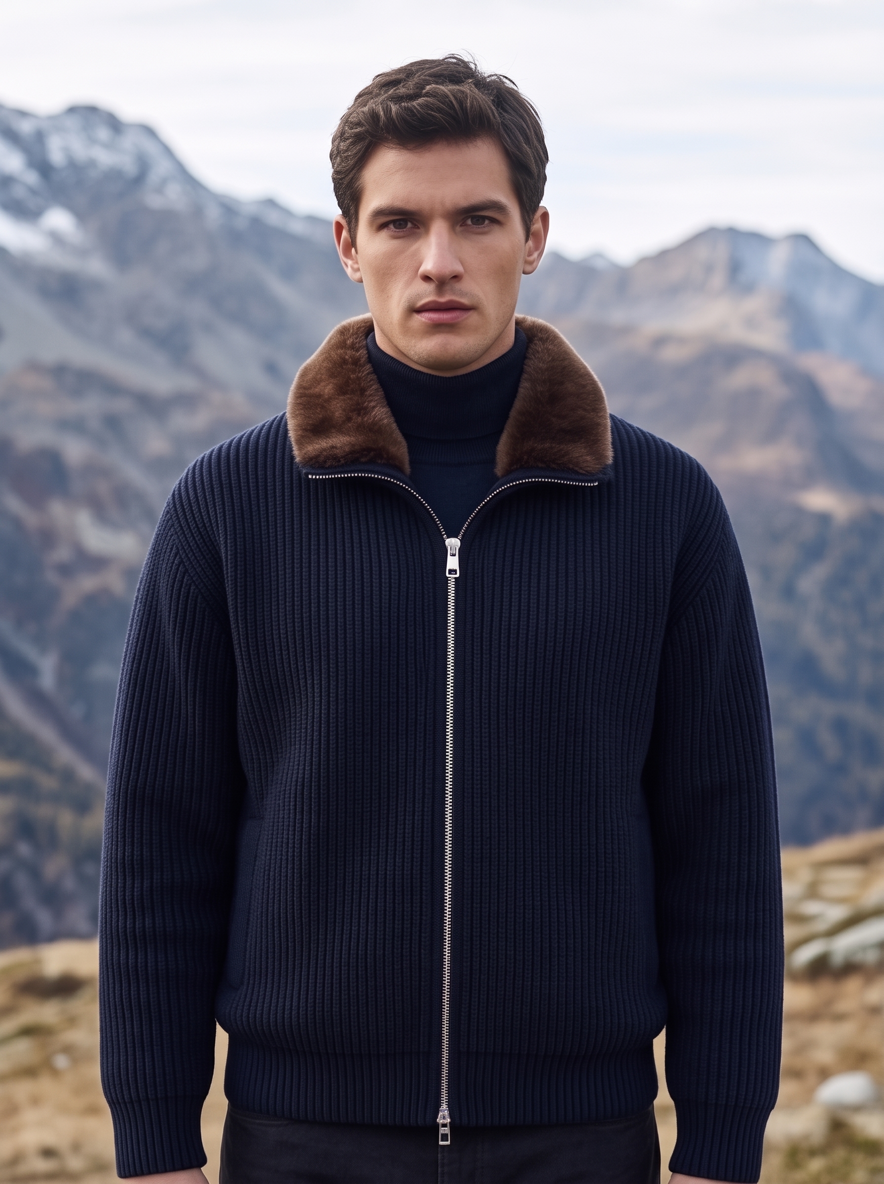 Navy fur collar jacket on model